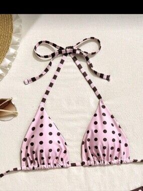 NWOT Adjustable Tie Polka Dot Triangle Bikini Top, M (6), Pink W/ Brown Dots